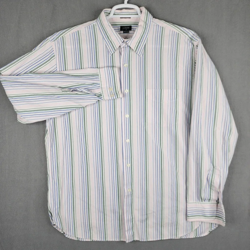 J Crew Mens Button Down Dress Shirt Pink Blue Green Striped Pastel‎ XL 17 17.5